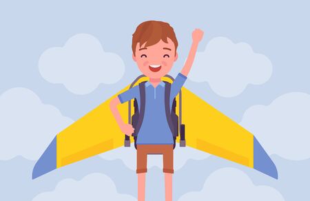 Happy boy child with a jetpack. Kid wearing a space backpack for junior superheroes achievement, active leader ready for launching a creative business startup. Vector flat style cartoon illustrationのイラスト素材