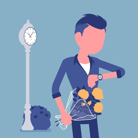 Young man waiting at the romantic date, checking time. Smart boyfriend with flower bouquet, unhappy lonely cheated male partner, anxiety on getting late friend. Vector illustration, faceless characterのイラスト素材
