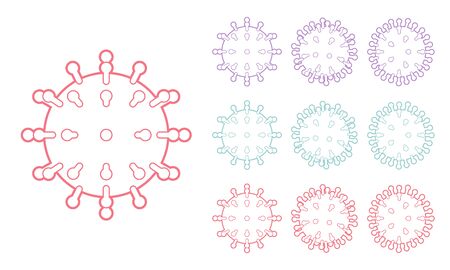 Virus structure line art, human coronavirus spike symbol set. Infectious disease with severe acute respiratory syndrome, medicine and healthcare concept. Vector illustration in different viewsのイラスト素材