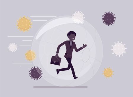 Safe bubble against virus and infection. Businessman, happy healthy guy well protected from being infected with contagious disease, self-isolated, out of risk. Vector flat style cartoon illustrationのイラスト素材