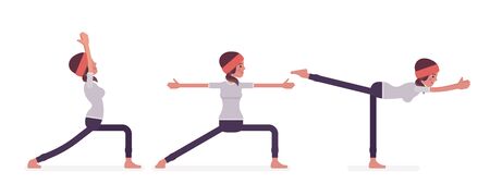 Young woman in yogi sports wear practicing yoga, doing standing poses, Warrior one, two, three variation, Virabhadrasana 1, 2, 3 exercise, healthy habit workout. Vector flat style cartoon illustrationのイラスト素材