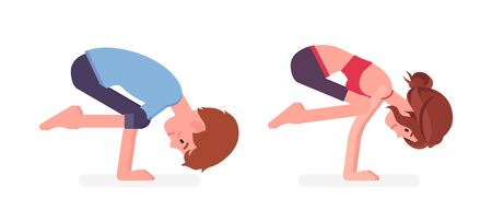 Young yogi man and woman in sports wear practicing yoga, partners doing Crane pose, Bakasana exercise, yogic practice for physical and mental health. Vector flat style cartoon illustration, side viewのイラスト素材