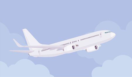 Passenger white plane taking off, airline aircraft departure, leaving the ground for flight. Airport business vehicle sky travel jet or holiday aviation tourism. Vector flat style cartoon illustrationのイラスト素材