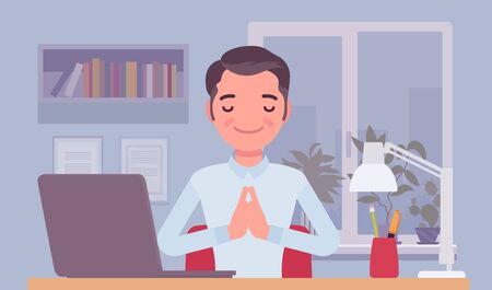 Office worker meditating to concentrate, yogi man practicing yoga at workplace, doing Namaste hand gesture, Mudra pose, relaxation before or after hard work day. Vector flat style cartoon illustrationのイラスト素材