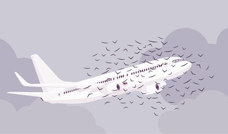 Passenger plane bird flock strike, ingestion and civil aircraft engine hit accident, collision causing vehicle sky travel jet damage or flight safety threat. Vector flat style cartoon illustrationのイラスト素材