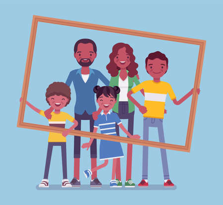 Happy black family portrait. Father, mother, son and daughter, teen posing in one picture frame together. Positive friendly smiling people in love, home harmony. Vector flat style cartoon illustrationのイラスト素材