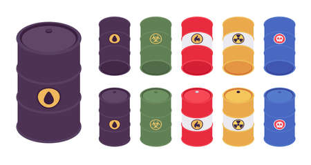 Barrel set bright collection. Steel tight head drums with warning sticker signs, biohazard waste,...