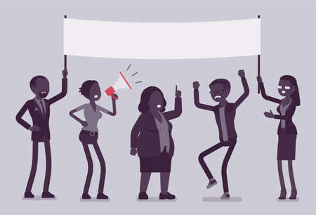 Strike demonstration mass group with banner. Social active gathering, crowd of people meeting for public picketing, political campaign for workers or business. Vector creative stylized illustrationのイラスト素材