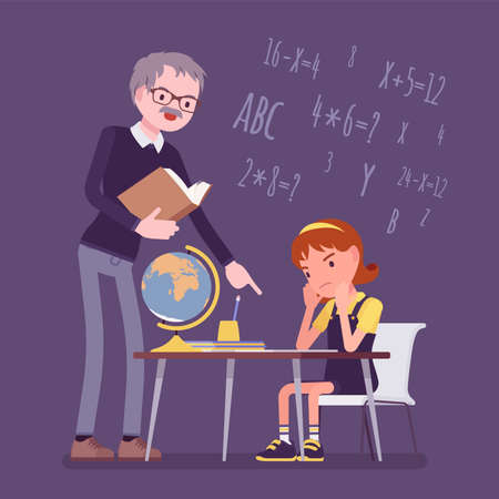 Male teacher and girl student. Unhappy child studying under strict control, bored single pupil doing homework with tutor, school practicing learning at home. Vector flat style cartoon illustrationのイラスト素材