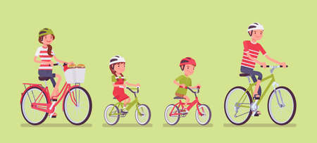 Happy family enjoying bike ride. Father, mother, son and daughter together in a sport activity...