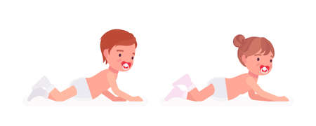 Toddler child, little boy, girl enjoying crawling. Cute sweet happy healthy baby, children aged 12, 36 months with soothie pacifier, wearing diaper, white socks. Vector flat style cartoon illustrationのイラスト素材