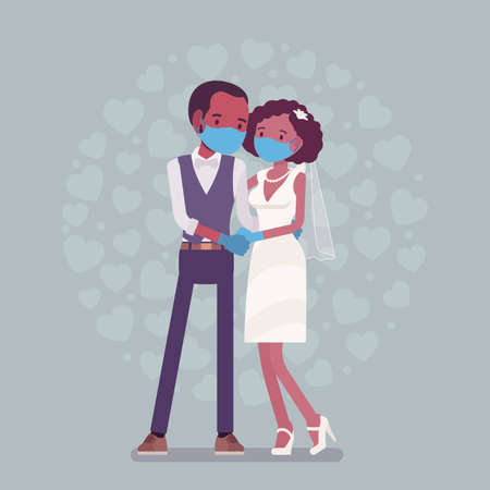 Quarantine wedding ceremony, black groom, bride in protective mask, gloves. Newlyweds, man, woman in traditional wear, married couple during epidemic outbreak. Vector flat style cartoon illustrationのイラスト素材