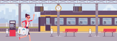 Woman missing train, hurry at trainstation. Female tourist, unfortunate passenger running in railway platform to catch leaving wagon, late for departure, losing. Vector flat style cartoon illustrationのイラスト素材