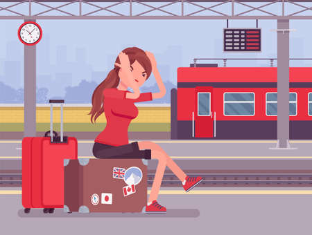 Girl missing the train journey, left in despair at trainstation. Angry sad woman sitting at luggage, railways passenger late for scheduled departure boarding. Vector flat style cartoon illustrationのイラスト素材