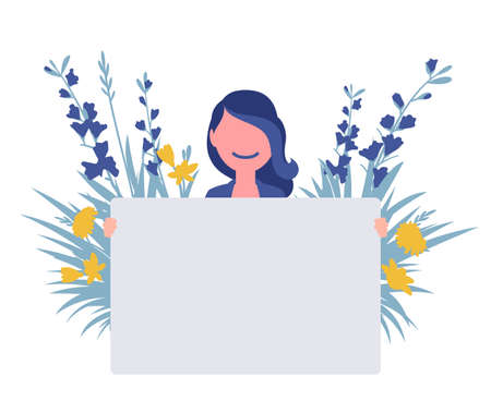 Girl holding empty white poster on spring floral background. Smiling woman with white blank banner for copy space, natural garden botanical summer, spring decor. Vector creative stylized illustrationのイラスト素材