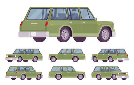 Station wagon, estate car green set. Large family auto, urban and country comfortable transportation, classic automobile for business service. Vector flat style cartoon illustration, different viewsのイラスト素材