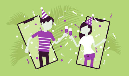 Happy pair hosting online party, gathering to celebrate by smartphone. Man, woman using mobile phone app to meet, hang out, virtual date event on home isolation. Vector creative stylized illustrationのイラスト素材