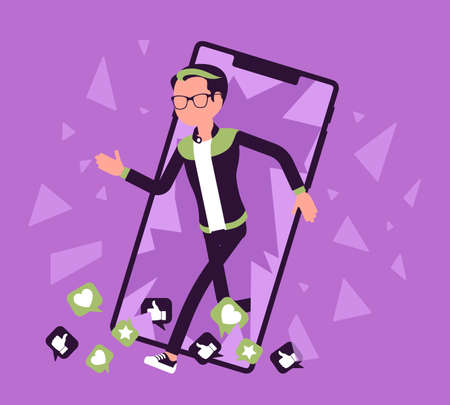 Digital detox, young man breaking through phone screen. Guy happy refrains from using devices, smartphone apps and social media platforms detoxification. Vector creative stylized illustrationのイラスト素材