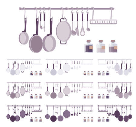 Home kitchen utensil set, cookware and cooking objects. Pans steel pieces, tools, useful accessories and storing gadgets for perfect cooking.のイラスト素材
