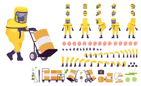 Man wearing hazmat protective clothing construction set. Worker in level A suit, coverall, chemical resistant gloves, tools, equipment, breathing apparatus. Cartoon flat style infographic illustrationのイラスト素材