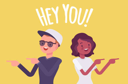 Hey you young people finger pointing to call, attract attention. Man, woman expressing interest, addressing in informal greeting to offer, provide information. Vector flat style cartoon illustrationのイラスト素材