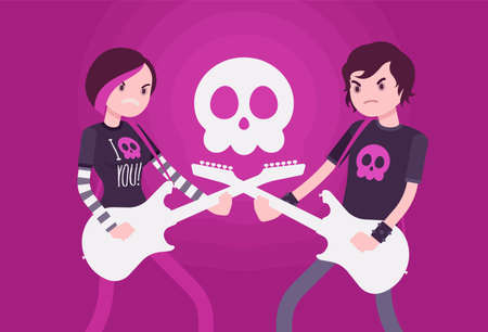 Counterculture young people with guitars, emotional and creative emo music. Teen boy, girl playing electroguitars, subculture fashion and behavior, skull symbol. Vector flat style cartoon illustrationのイラスト素材