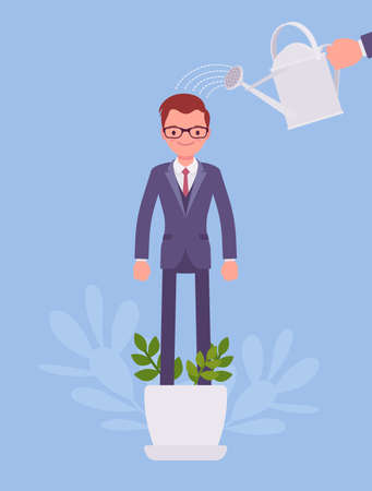 Growing male talent, business and personal development. Helping man grow in plant pot, watering to support, make strong, healthy, professional growth, training. Vector flat style cartoon illustrationのイラスト素材