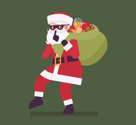 Secret Santa Claus making hush gesture, moving slowly with sack. Anonymous Father Christmas bringing, sharing traditional new year gift, unknown volunteer giver. Vector flat style cartoon illustrationのイラスト素材