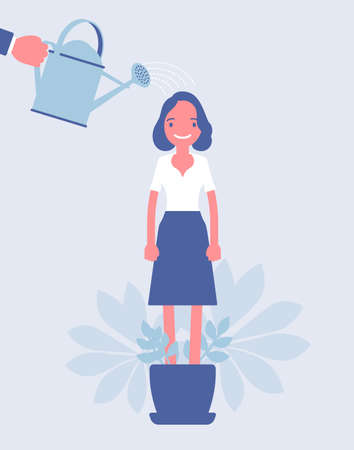 Growing female talent, business, personal development. Helping woman grow in plant pot, watering to support, make strong, healthy, professional growth, training. Vector creative stylized illustrationのイラスト素材