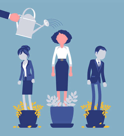 Growing female talent from favorite employee. Helping one person grow in plant pot watering to support, make strong, healthy, give professional growth, training. Vector creative stylized illustrationのイラスト素材