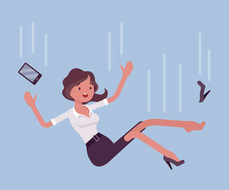 Falling down unsuccessful businesswoman, moving to fail. Life lower place or position, dismissal, removal from service, losing base, defeat in a work or contest. Vector flat style cartoon illustrationのイラスト素材