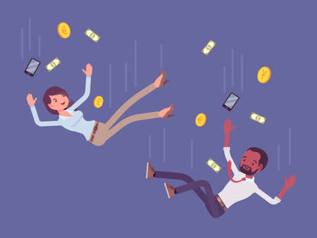 Falling down unsuccessful business people, around paper money, golden coins. Man, woman moving to financial problems, feel worried, anxious of payment trouble. Vector flat style cartoon illustrationのイラスト素材