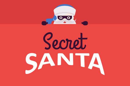 Secret Santa Claus wearing black eye mask, festive lettering design. Anonymous Father Christmas traditional new year decor, unknown volunteer presents giver. Vector creative stylized illustrationのイラスト素材