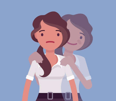 Self help woman, health and psychological problems solving. Young girl in bipolar or mental disorder. Vector flat style cartoon illustrationのイラスト素材