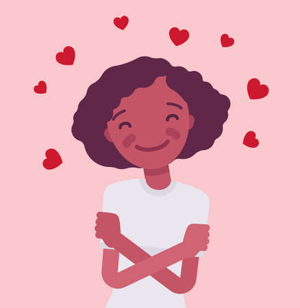Love yourself, black woman in peace, comfort with herself. Girl in positive thinking, feeling healthy, active person stops negative self talk to reduce stress. Vector flat style cartoon illustrationのイラスト素材