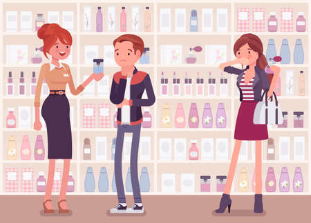 Choosing perfume, finding fragrance in a store with female sales assistant. Man puzzled with sample scents. Vector full length flat style cartoon illustration, beauty product shelf display backgroundのイラスト素材