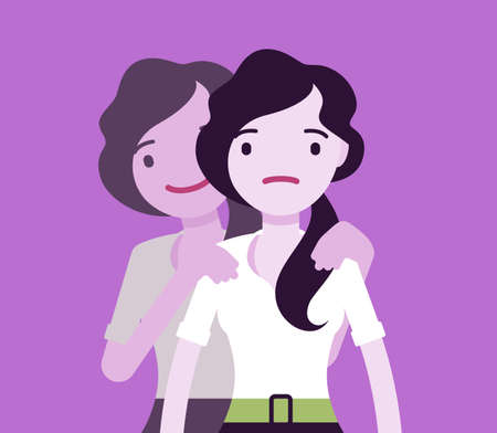 Self help woman, health and psychological problems solving. Young girl in bipolar or mental disorder, shifting herself to good mood, energy, happiness, activity. Vector creative stylized illustrationのイラスト素材