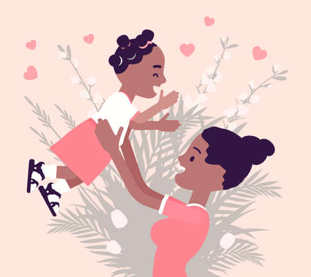 Mom, baby daughter, female health in happy black family. Mother tossing child, emotional bonds, love, motherhood beauty, good relationship. Vector creative stylized illustration, floral spring designのイラスト素材