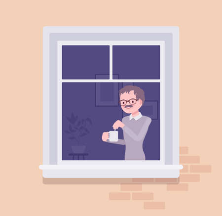Window with young man brewing tea in a mug behind. Homebody person spending time staying home to enjoy safe comfortable private and personal life indoors. Vector flat style cartoon illustrationのイラスト素材