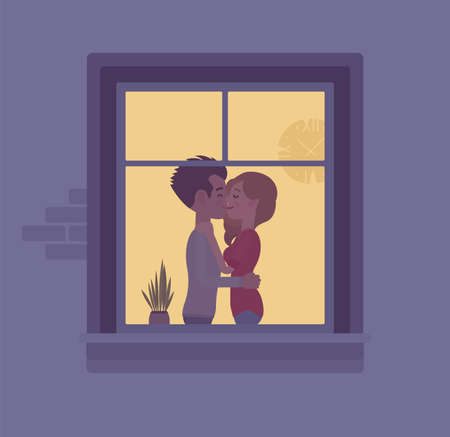 Window at night with a couple kissing behind. Man and woman in love, romantic relationships, renting apartment for meeting, living together. Vector flat style cartoon illustration, evening time houseのイラスト素材