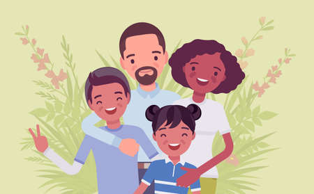 Multicultural happy family, parents and kids of different race, culture. Father, mother, son, daughter portrait, four members posing together, smiling in love. Vector flat style cartoon illustrationのイラスト素材