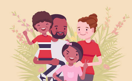 Multicultural happy family, parents and kids of different race, culture. Father, mother, son, daughter portrait, four members posing together, smiling in love. Vector flat style cartoon illustrationのイラスト素材