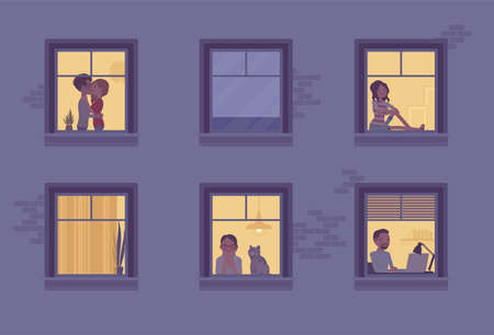 Windows of a night time house with neighbours. Multi-storey building, people spending time staying home to enjoy safe comfortable private, personal life indoors. Vector flat style cartoon illustrationのイラスト素材