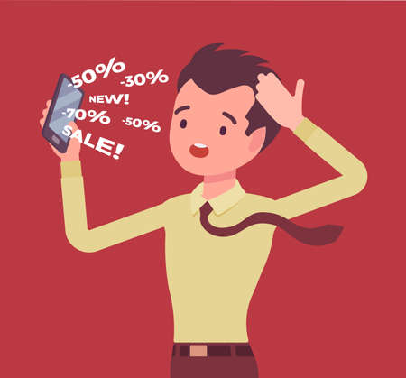 Cold calling by telephone for potential male customer. Salesperson contacting annoyed individual, possible customer, offering useless products or services. Vector flat style cartoon illustrationのイラスト素材