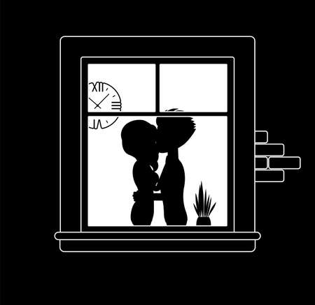Window at night with a couple kissing behind. Man and woman in love, romantic relationships, renting apartment for meeting, living together. Vector illustration, black, white ink pen line art drawingのイラスト素材