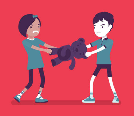 Conflict of interest, little boy and girl sharing toy bear. Brother and sister jealousy childhood problem, sibling rivalry, family feelings and aggression. Vector creative stylized illustrationのイラスト素材