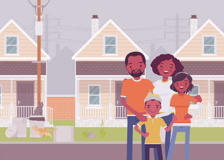 Happy black family standing in front of own house. Homeowner dream, property, apartment building for parents, kids, real estate, home cottage mortgage agreement. Vector flat style cartoon illustrationのイラスト素材