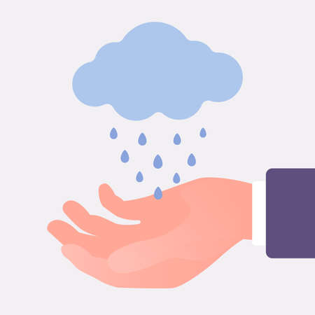 Rainwater harvesting hand, collection and storage of rain cloud drops. Human palm gathering fresh clean water during rainfall, scarcity and eco care symbol.のイラスト素材