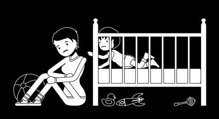 Postpartum depression, new mum in childbirth anxiety. Mother sitting near child crib, sick, sad or fatigued, overwhelmed with daily tasks. Vector illustration, black and white ink pen line art drawingのイラスト素材