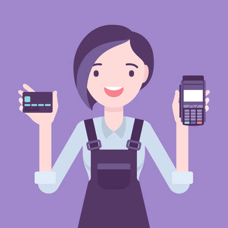 Credit card processing system, happy girl. Small business owner showing safe payment option, secure merchant method and good customer service demonstration. Vector flat style cartoon illustrationのイラスト素材